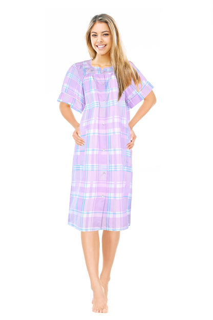 JEFFRICO House Dresses for Women with Pockets - Lightweight Breathable Short Sleeve Muumuu & Nightgowns - Snap Front Housecoat and Dusters for Women