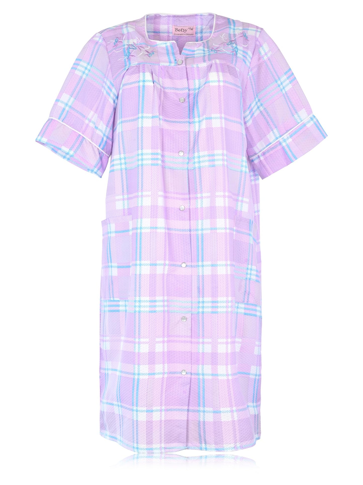 JEFFRICO House Dresses for Women with Pockets - Lightweight Breathable Short Sleeve Muumuu & Nightgowns - Snap Front Housecoat and Dusters for Women