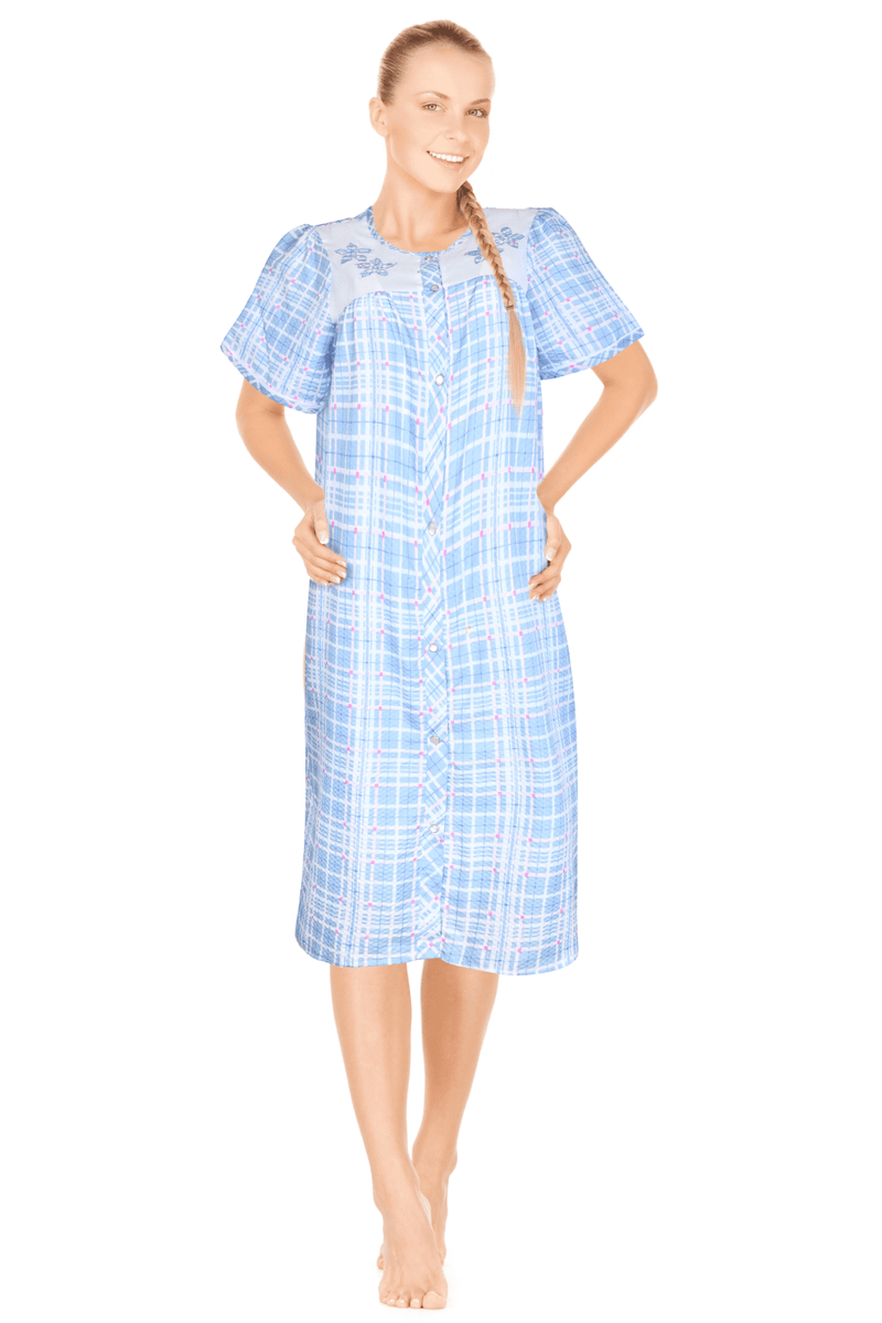 JEFFRICO House Dresses for Women with Pockets - Lightweight Breathable Short Sleeve Muumuu & Nightgowns - Snap Front Housecoat and Dusters for Women